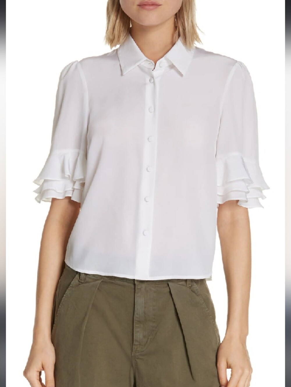 Frame Silk Flutter Sleeve Button-Front Top XS